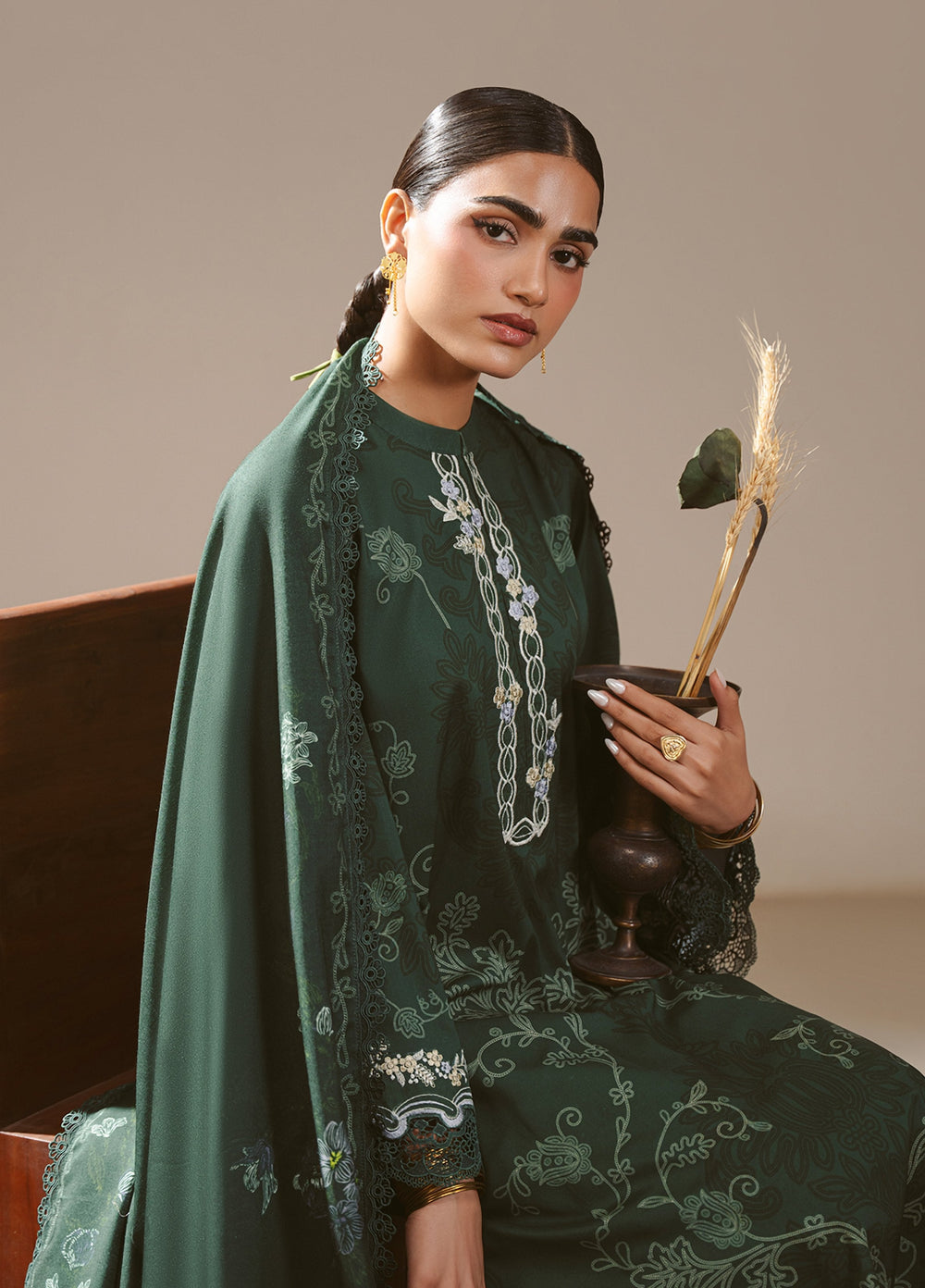Cross Stitch Unstitched Printed Linen 3 Piece Suit CS25UW Meadow Green - Winter Collection