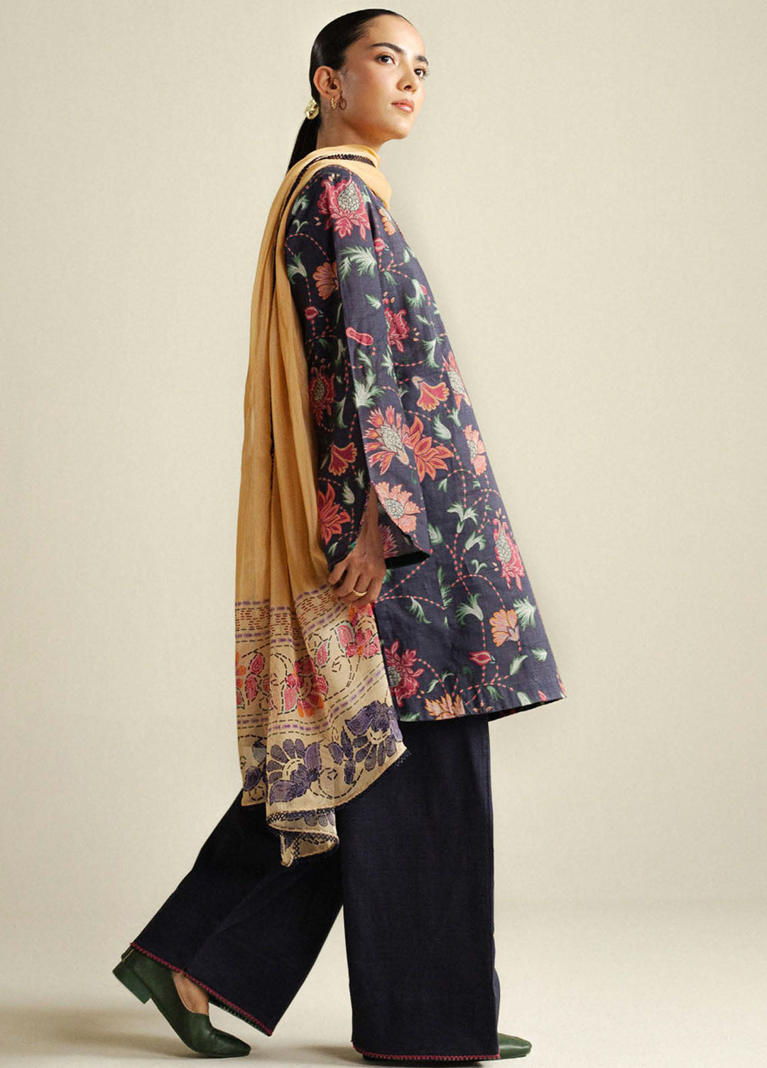 Coco by Zara Shahjahan Printed Slub Cotton Suits Unstitched 3 Piece CZS25PU D-01 B Meadow - Winter Collection