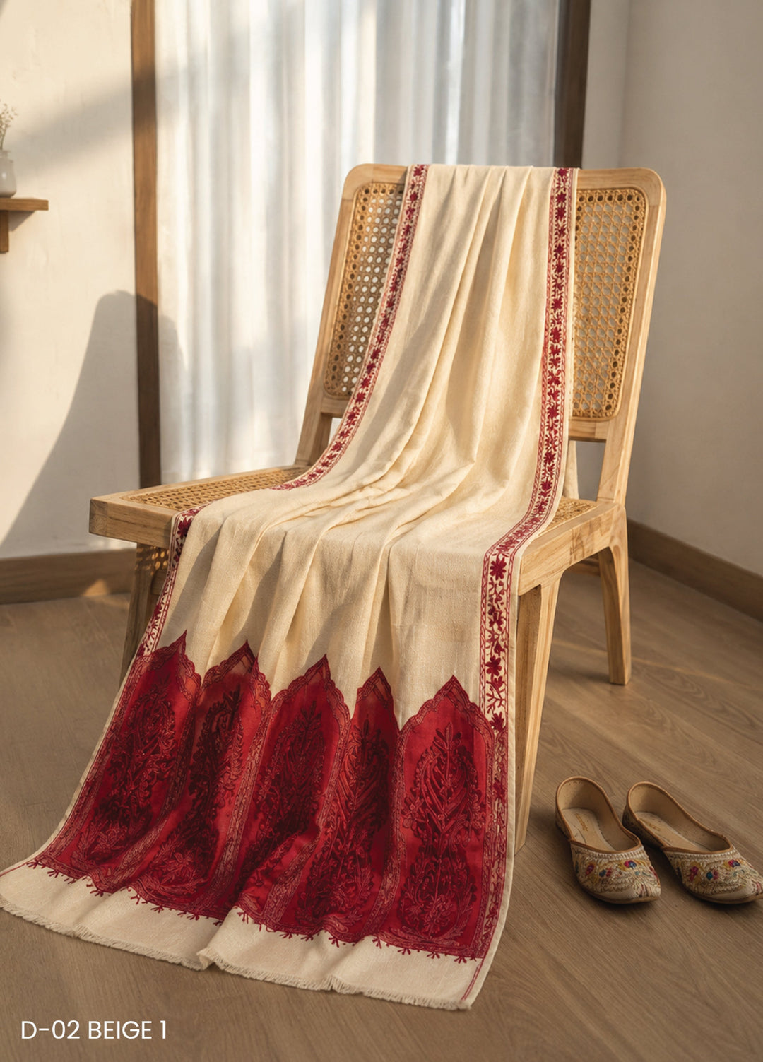 Sanaulla Exclusive Range RTW Embroidered Woven Shawl Suit D-02 BEIGE 1 - Winter Collection