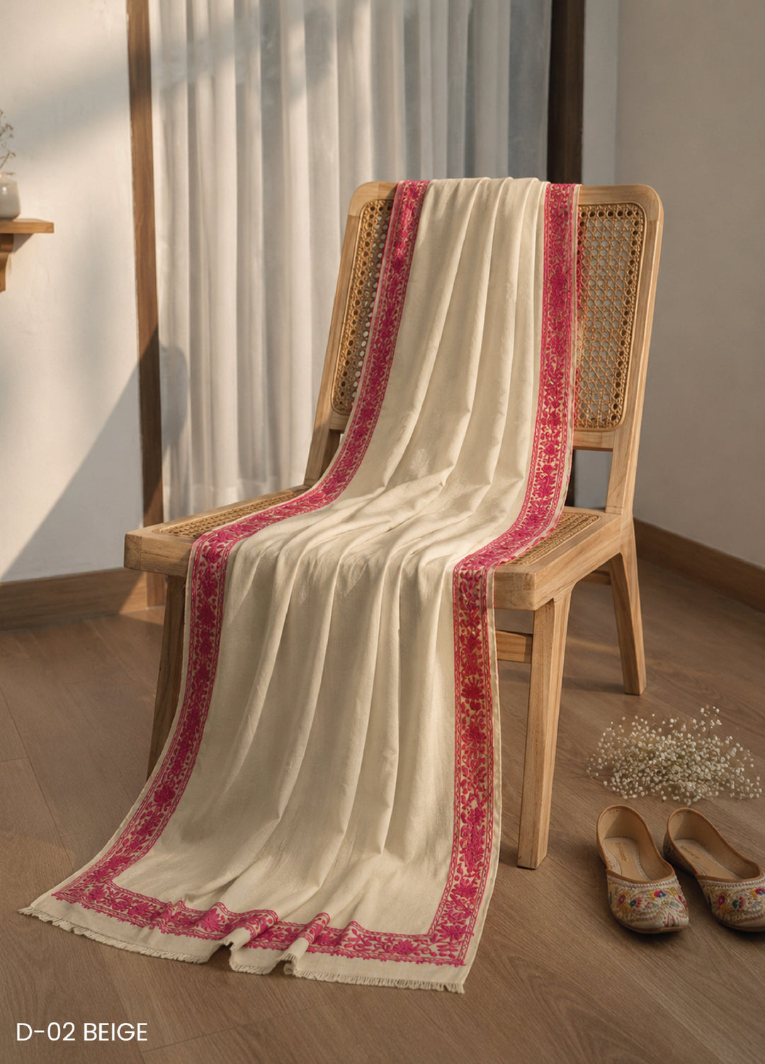 Sanaulla Exclusive Range RTW Embroidered Woven Shawl Suit D-02 BEIGE - Winter Collection