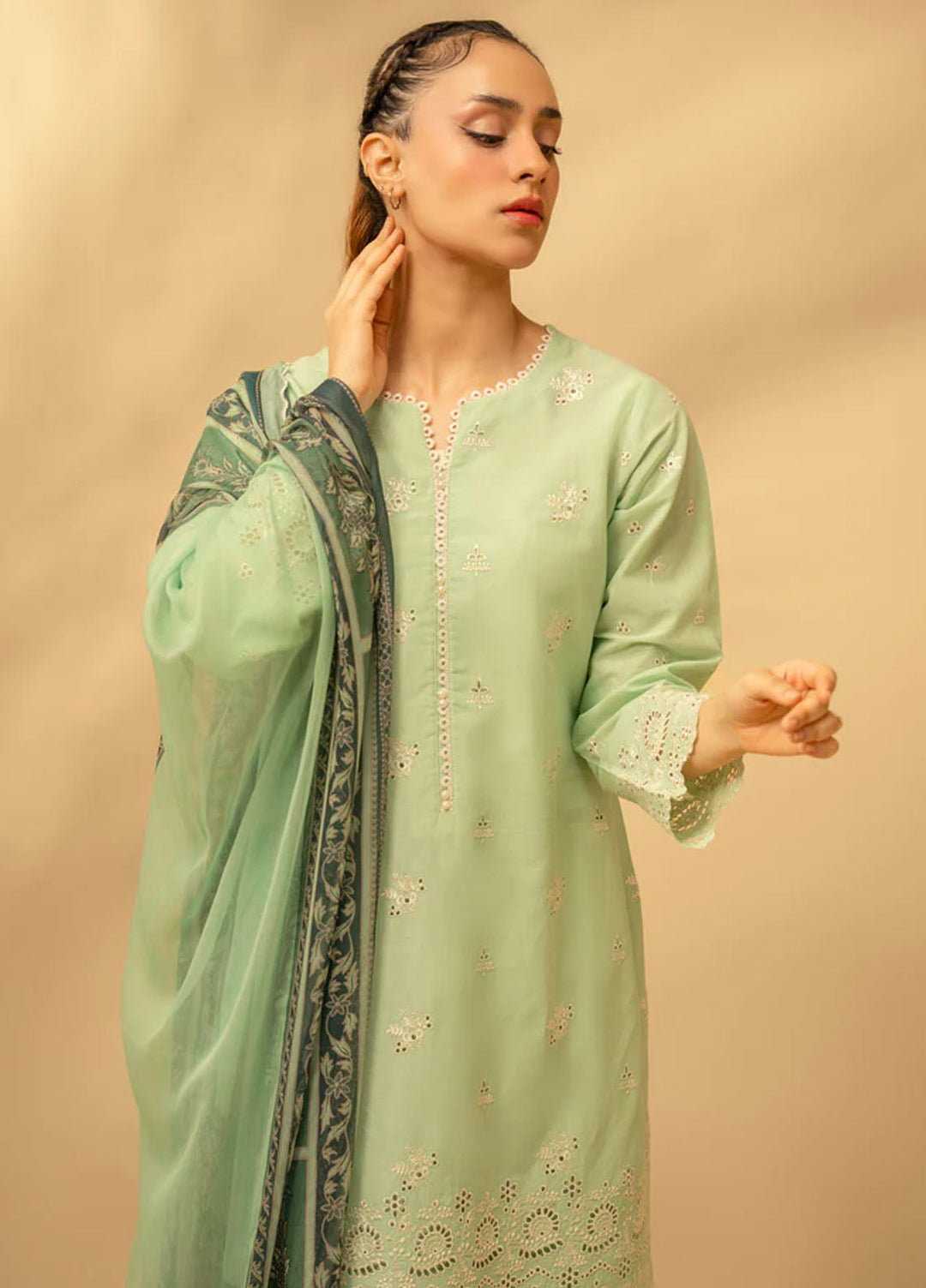 Zouj Chikankari Lawn Suits Unstitched 3 Piece ZJ25CL D-04 Sage Bloom - Summer Collection