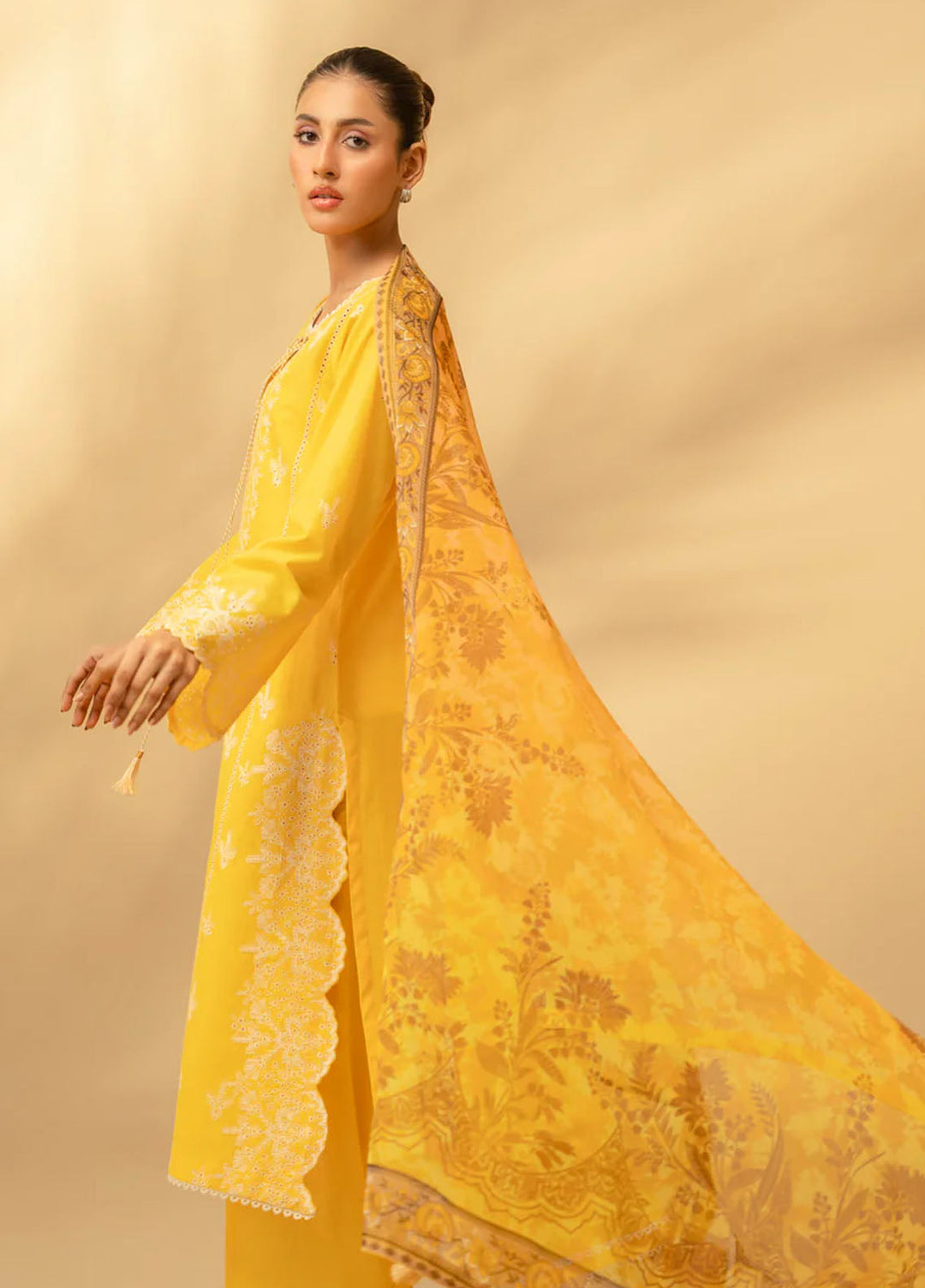Zouj Chikankari Lawn Suits Unstitched 3 Piece ZJ25CL D-05 Honey Yellow - Summer Collection