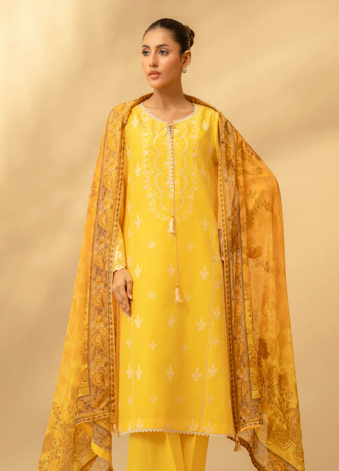 Zouj Chikankari Lawn Suits Unstitched 3 Piece ZJ25CL D-05 Honey Yellow - Summer Collection