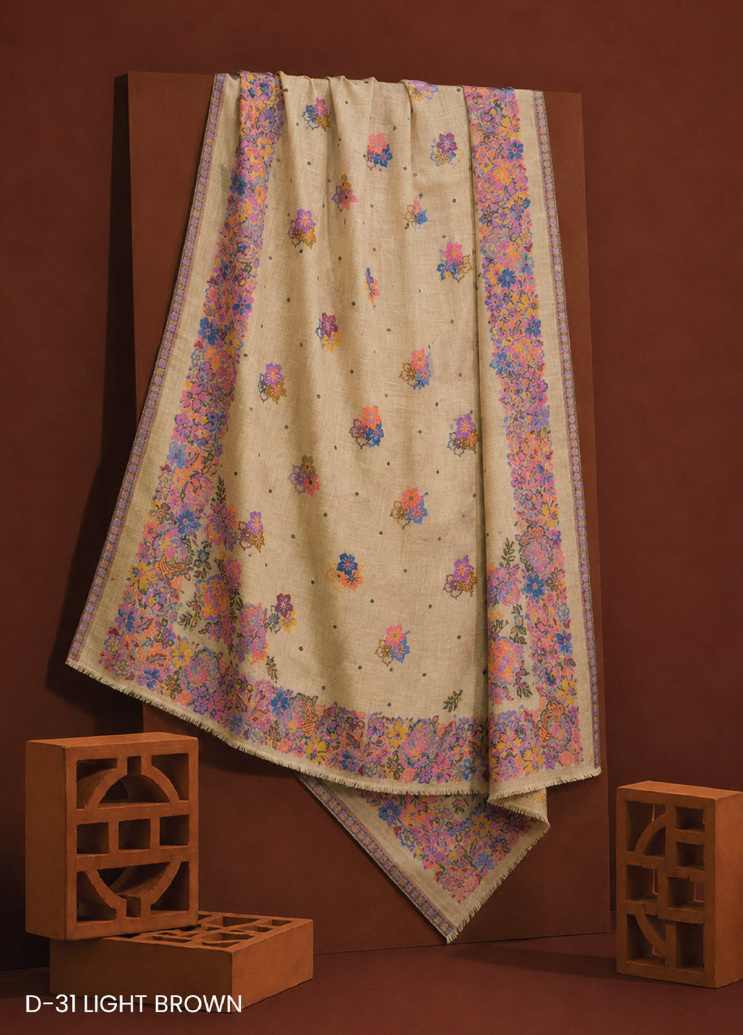 Sanaulla Exclusive Range RTW Printed Woven Shawl Suit D-31 LIGHT BROWN - Winter Collection