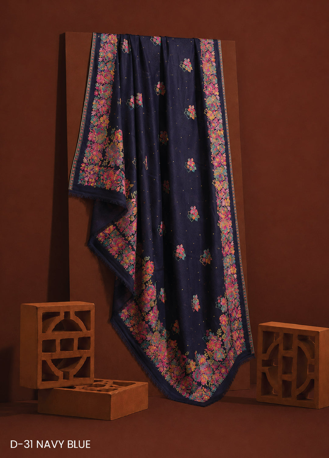 Sanaulla Exclusive Range RTW Printed Woven Shawl Suit D-31 NAVY BLUE - Winter Collection