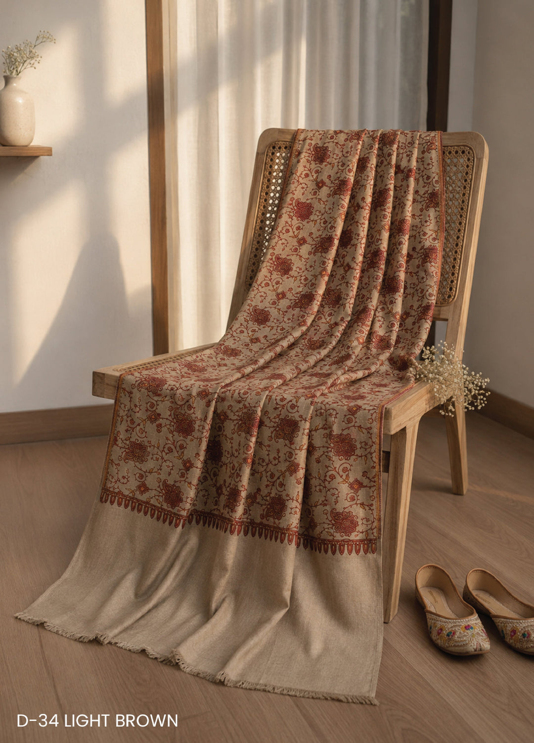 Sanaulla Exclusive Range RTW Embroidered Woven Shawl Suit D-34 LIGHT BROWN - Winter Collection