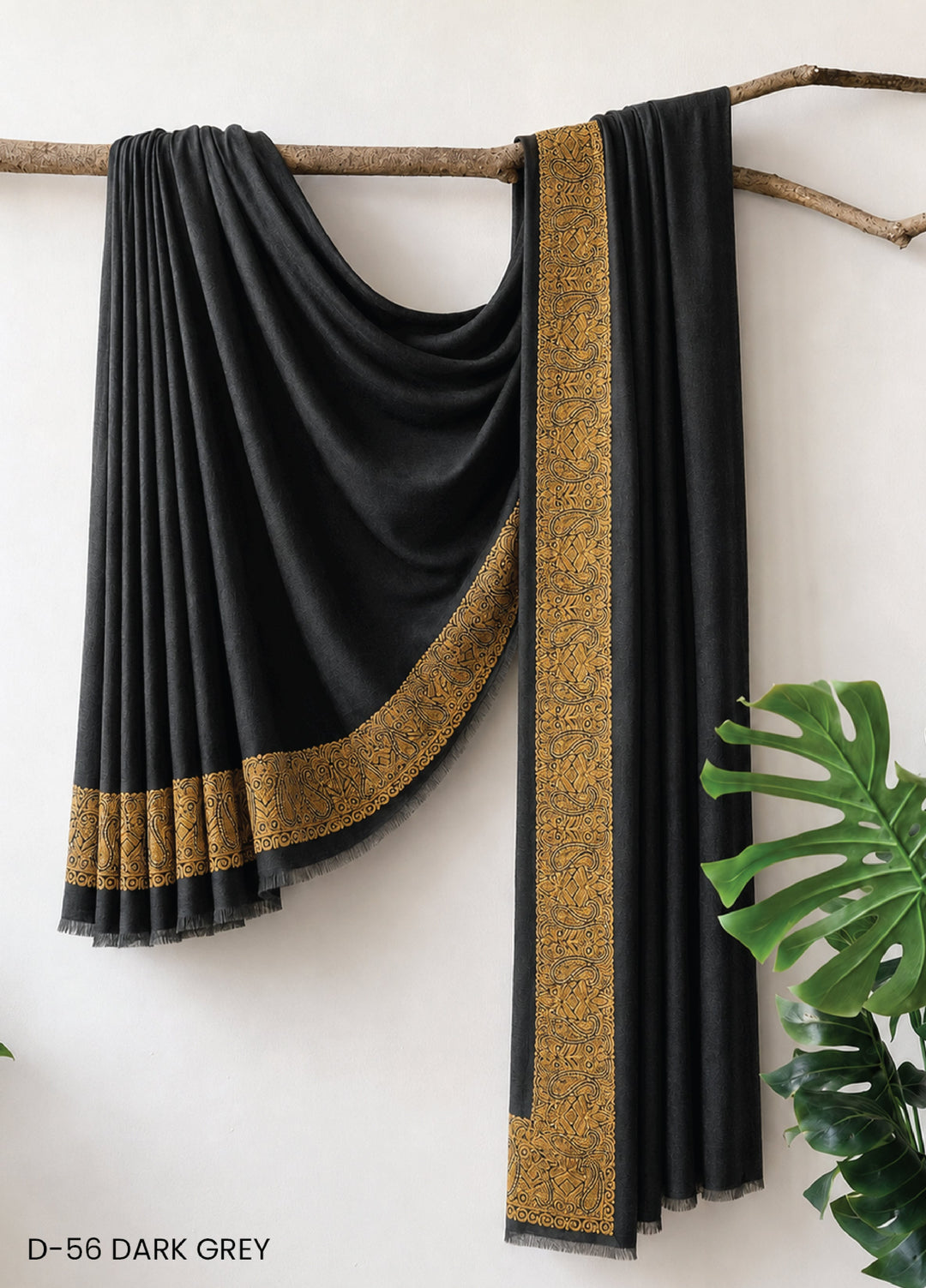 Sanaulla Exclusive Range RTW Embroidered Woven Shawl D-56 DARK GREY - Winter Collection