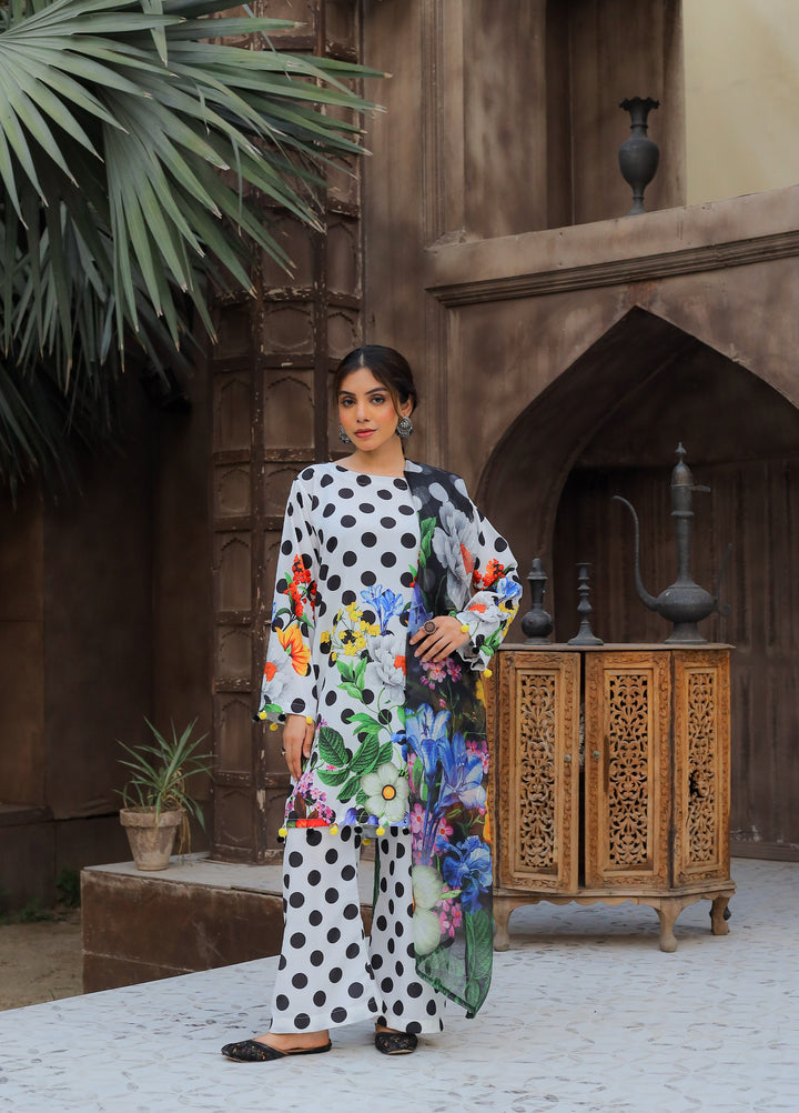 Daily Luxe by Style Up Women RTW Printed Poly Lawn 3 Piece Suit Petals Polka - Casual Collection