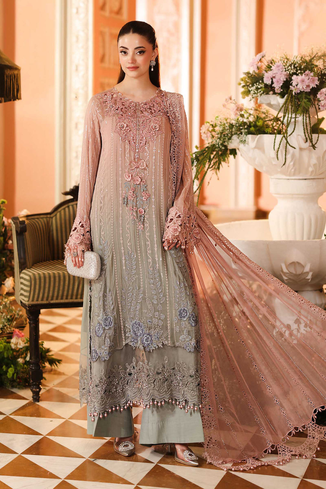 Maria B Unstitched Embroidered Chiffon 3 Piece Suit MB26UCF D2 - Festive Collection