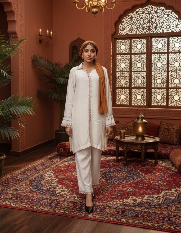 Syah Women RTW Embroidered Silk 2 Piece Suit Ivory - Casual Collection