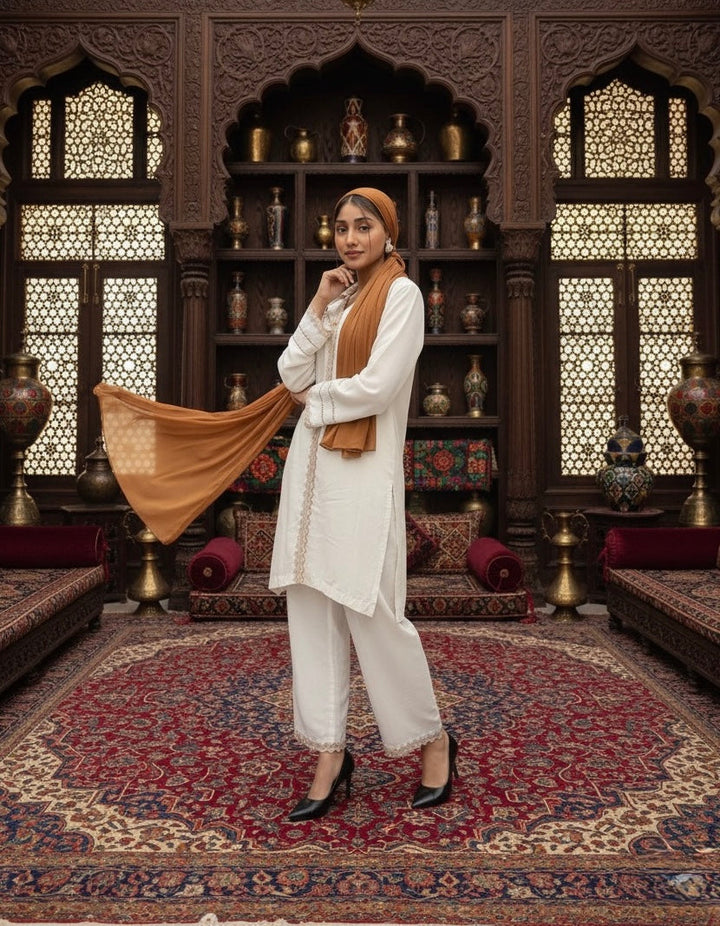 Syah Women RTW Embroidered Silk 2 Piece Suit Ivory - Casual Collection