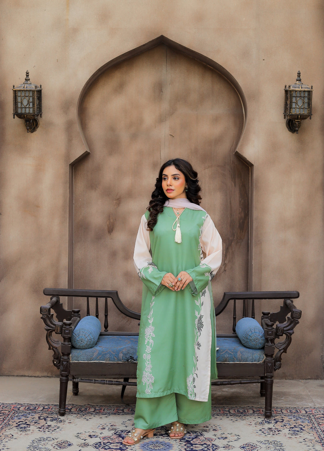Daily Luxe by Style Up Women RTW Printed Poly Lawn 3 Piece Suit Mint Serenity - Casual Collection