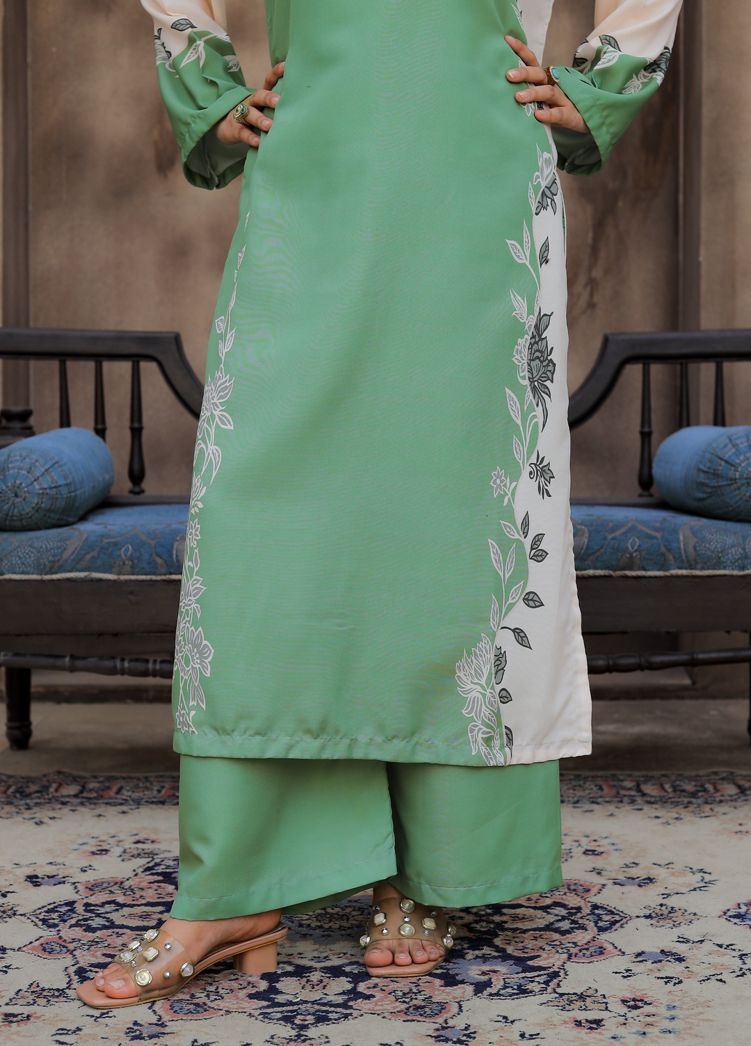 Daily Luxe by Style Up Women RTW Printed Poly Lawn 3 Piece Suit Mint Serenity - Casual Collection
