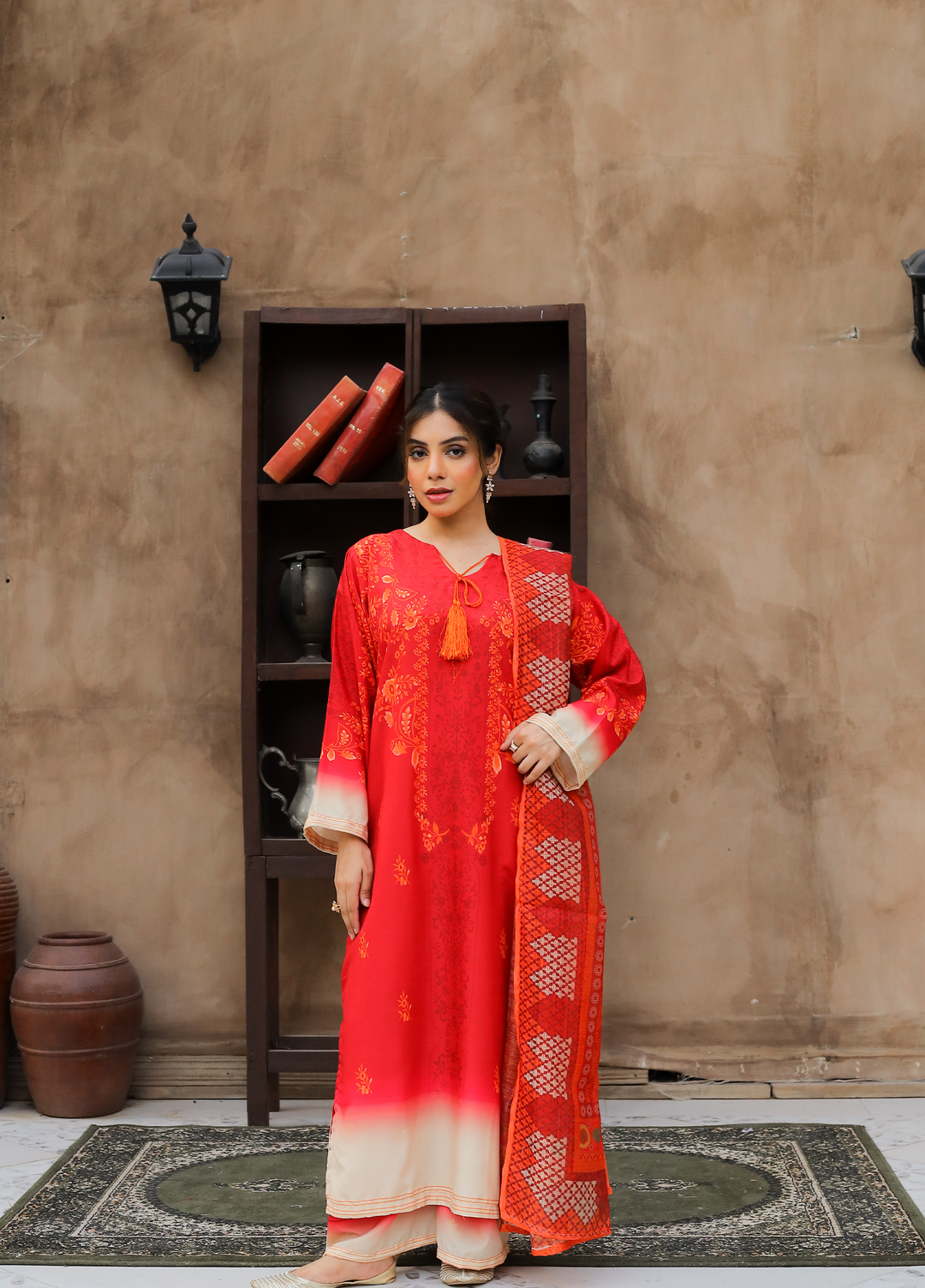 Daily Luxe by Style Up Women RTW Printed Poly Lawn 3 Piece Suit Radiant Red - Casual Collection