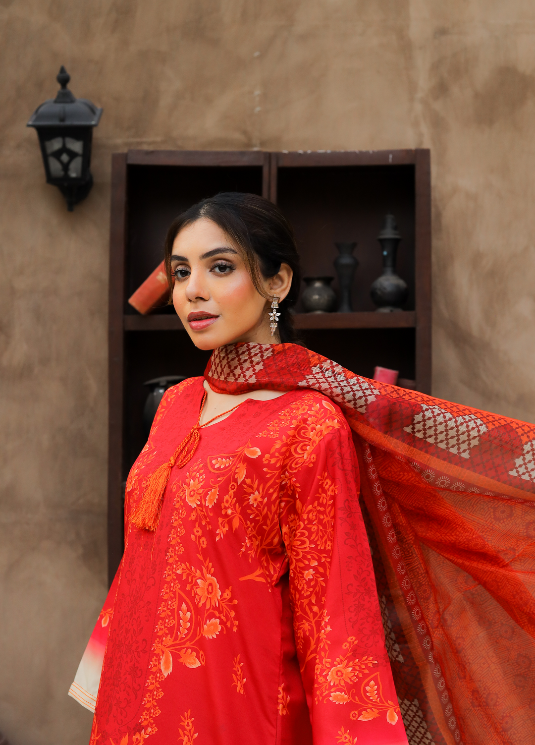 Daily Luxe by Style Up Women RTW Printed Poly Lawn 3 Piece Suit Radiant Red - Casual Collection