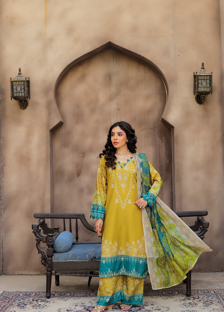 Daily Luxe by Style Up Women RTW Printed Poly Lawn 3 Piece Suit Mustard Grace - Casual Collection