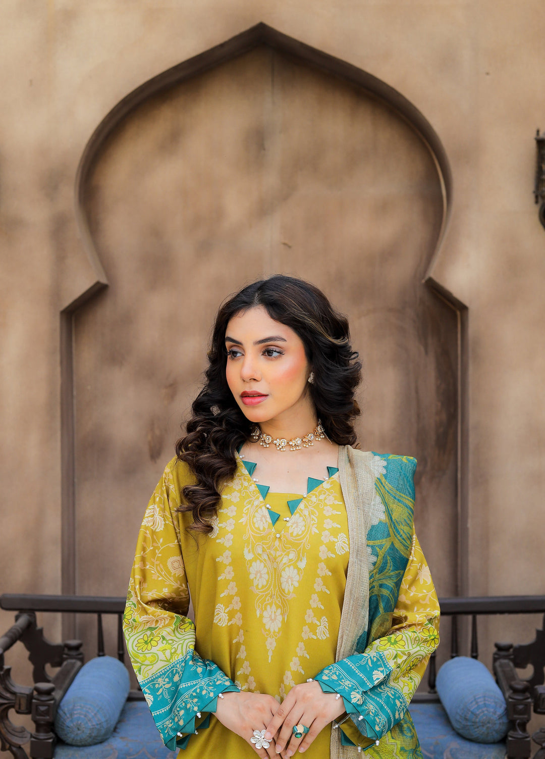 Daily Luxe by Style Up Women RTW Printed Poly Lawn 3 Piece Suit Mustard Grace - Casual Collection
