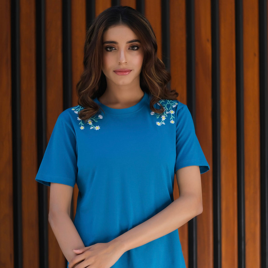Dhaga Women Western Solids T- Shirt jersy Teal Blue DH10007 - Summer Collection
