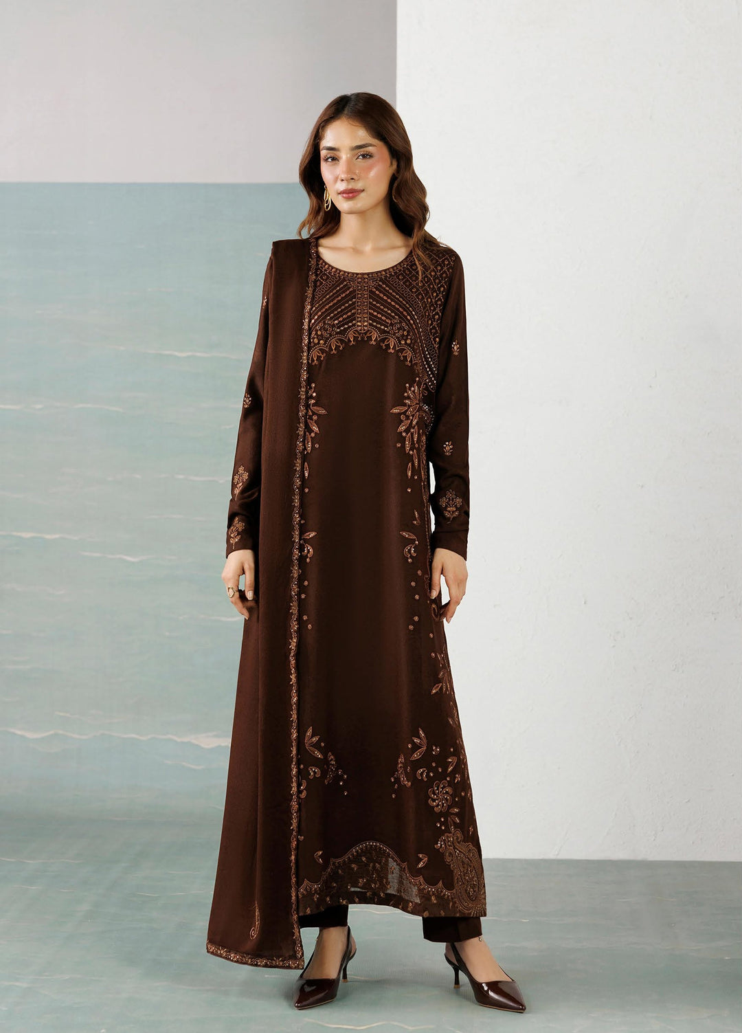 Miras by Daria Unstitched Embroidered Leather Peach 3 Piece Suit DN26UML DA-130 - Fextive Collection