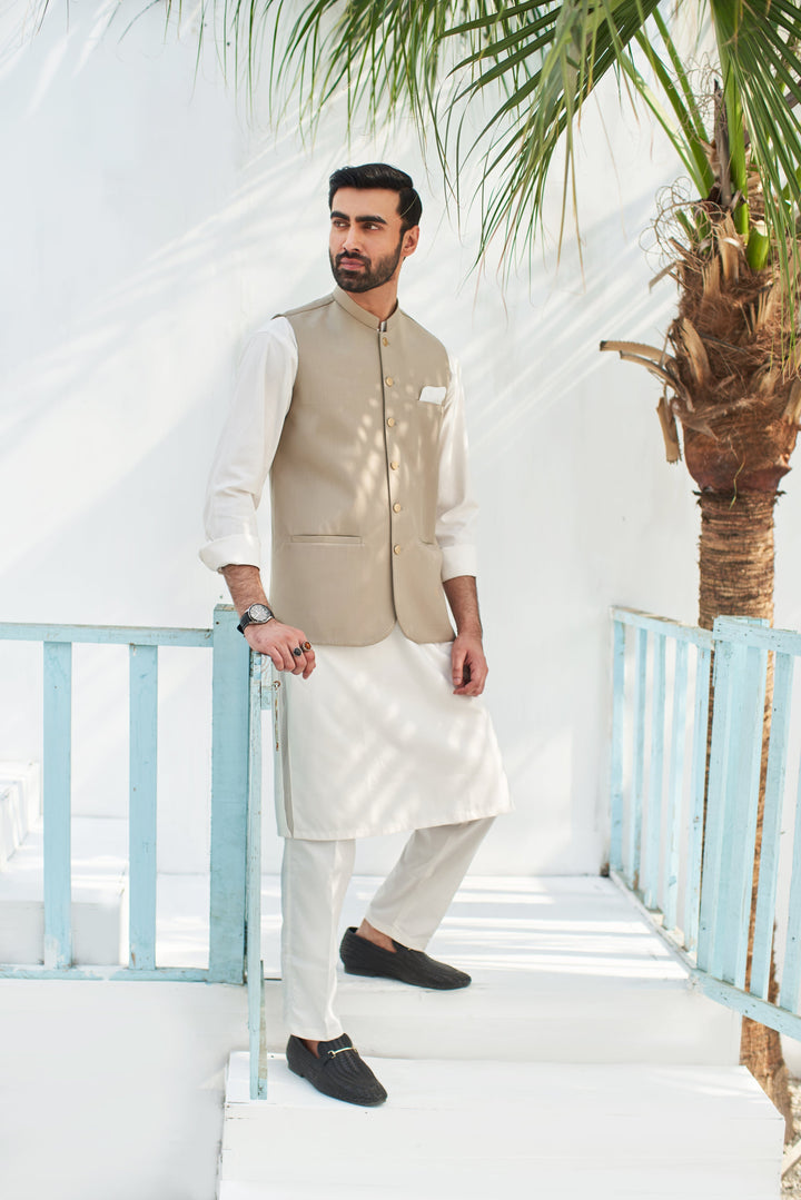 Muraqsh Ready To Wear Solids Cotton Men Beige Suiting Waistcoat Round Cut MUR-PBW - Summer Collection