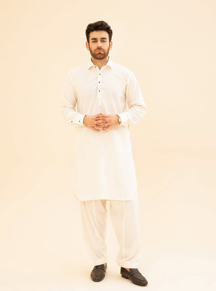 Muraqsh Ready To Wear Solids  Men Bosky White French Collar Kameez Shalwar MUR-BWFCK - Summer Collection