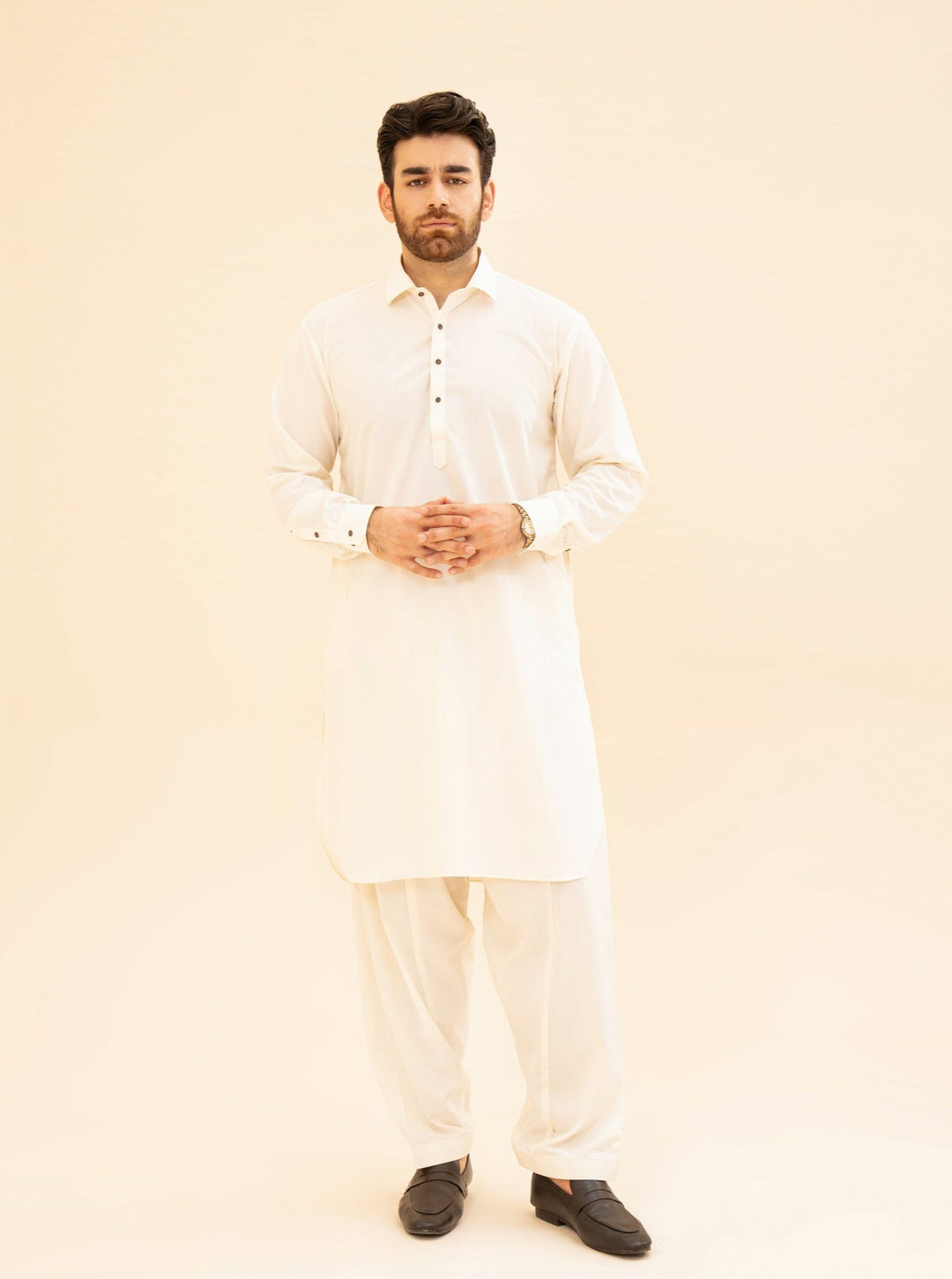 Muraqsh Ready To Wear Solids  Men Bosky White French Collar Kameez Shalwar MUR-BWFCK - Summer Collection