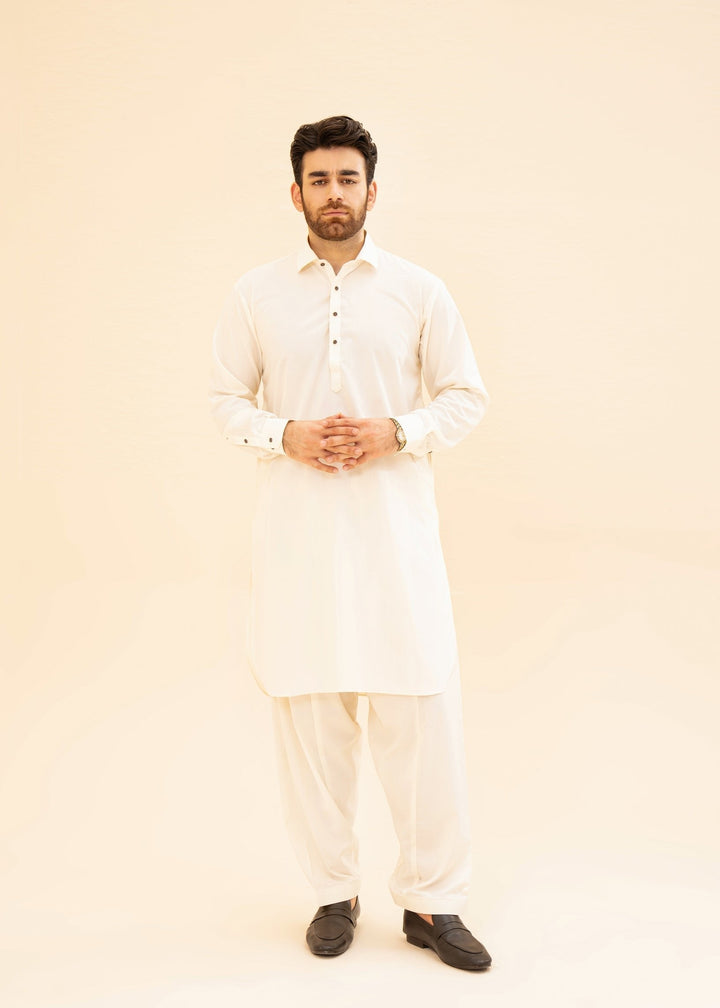 Muraqsh Ready To Wear Solids  Men Bosky White Kurta Trouser/Shalwar MUR-BWKT-HL - Summer Collection