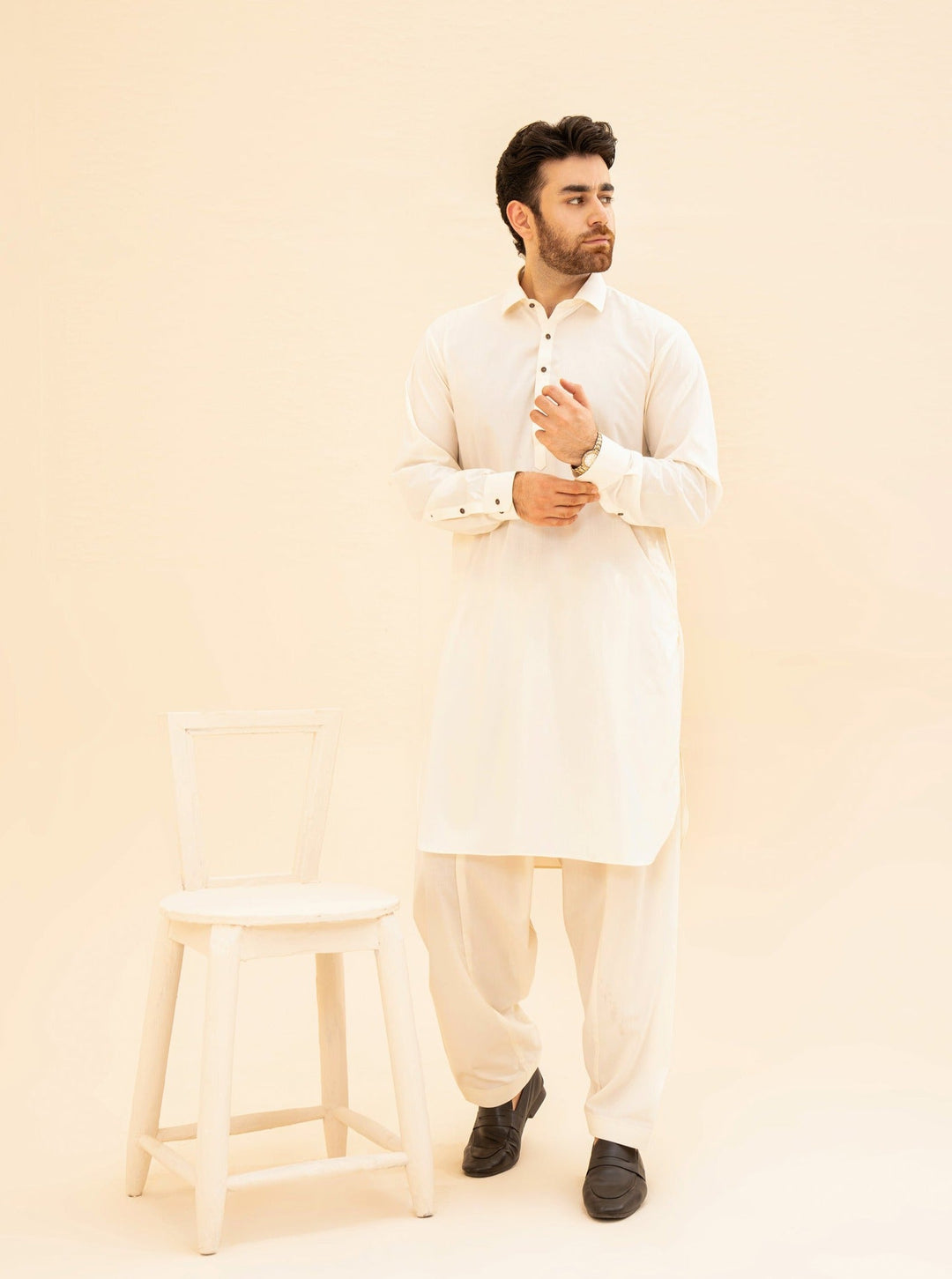Muraqsh Ready To Wear Solids  Men Bosky White French Collar Kameez Shalwar MUR-BWFCK - Summer Collection