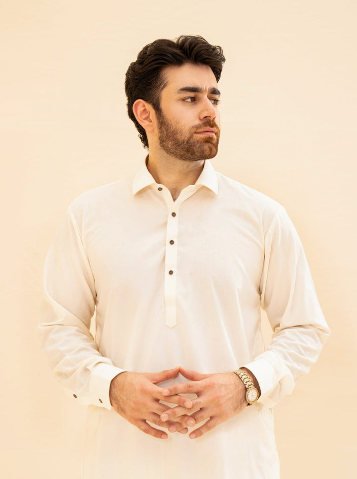 Muraqsh Ready To Wear Solids  Men Bosky White French Collar Kameez Shalwar MUR-BWFCK - Summer Collection