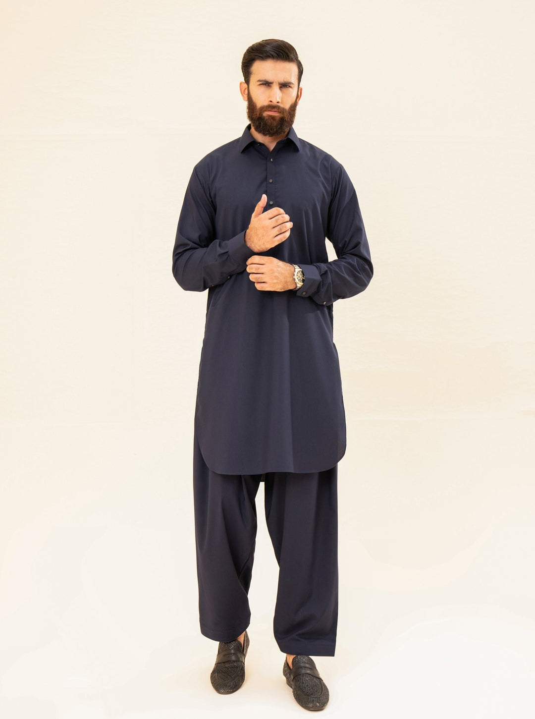 Muraqsh Ready To Wear Solids Cotton Men Navy Blue French Collar Kameez Shalwar MUR-NBFCK - Summer Collection