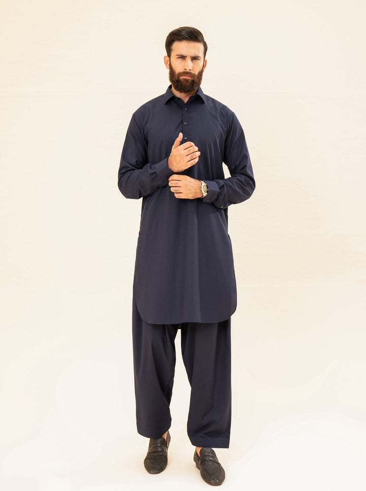 Muraqsh Ready To Wear Solids Cotton Men Navy Blue French Collar Kameez Shalwar MUR-NBFCK - Summer Collection