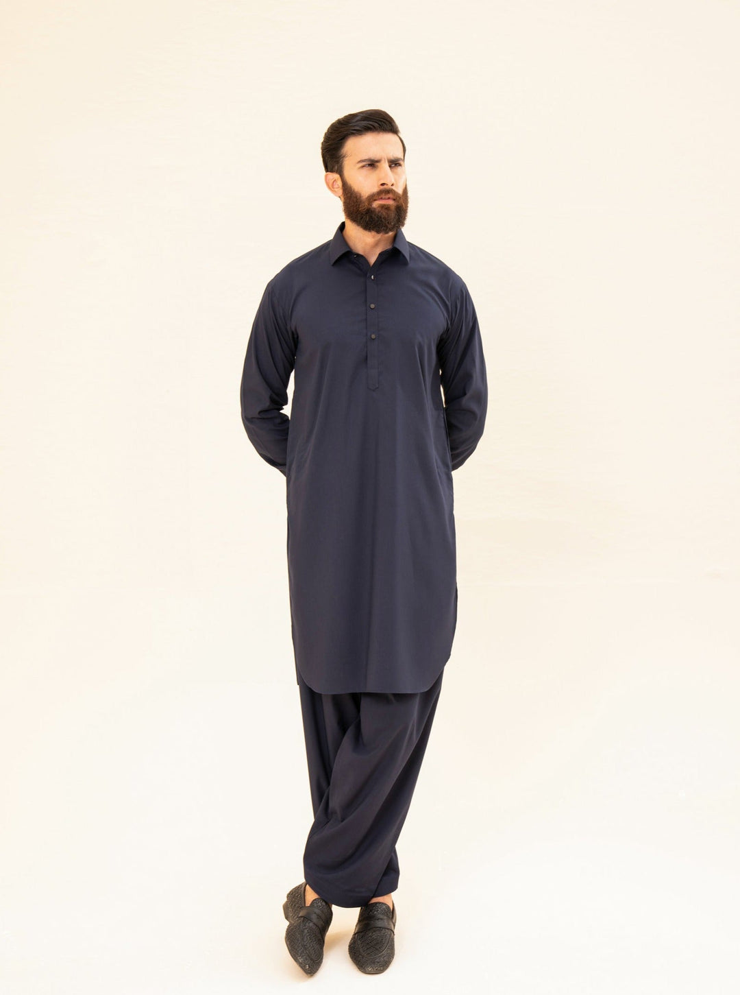 Muraqsh Ready To Wear Solids Cotton Men Navy Blue French Collar Kameez Shalwar MUR-NBFCK - Summer Collection
