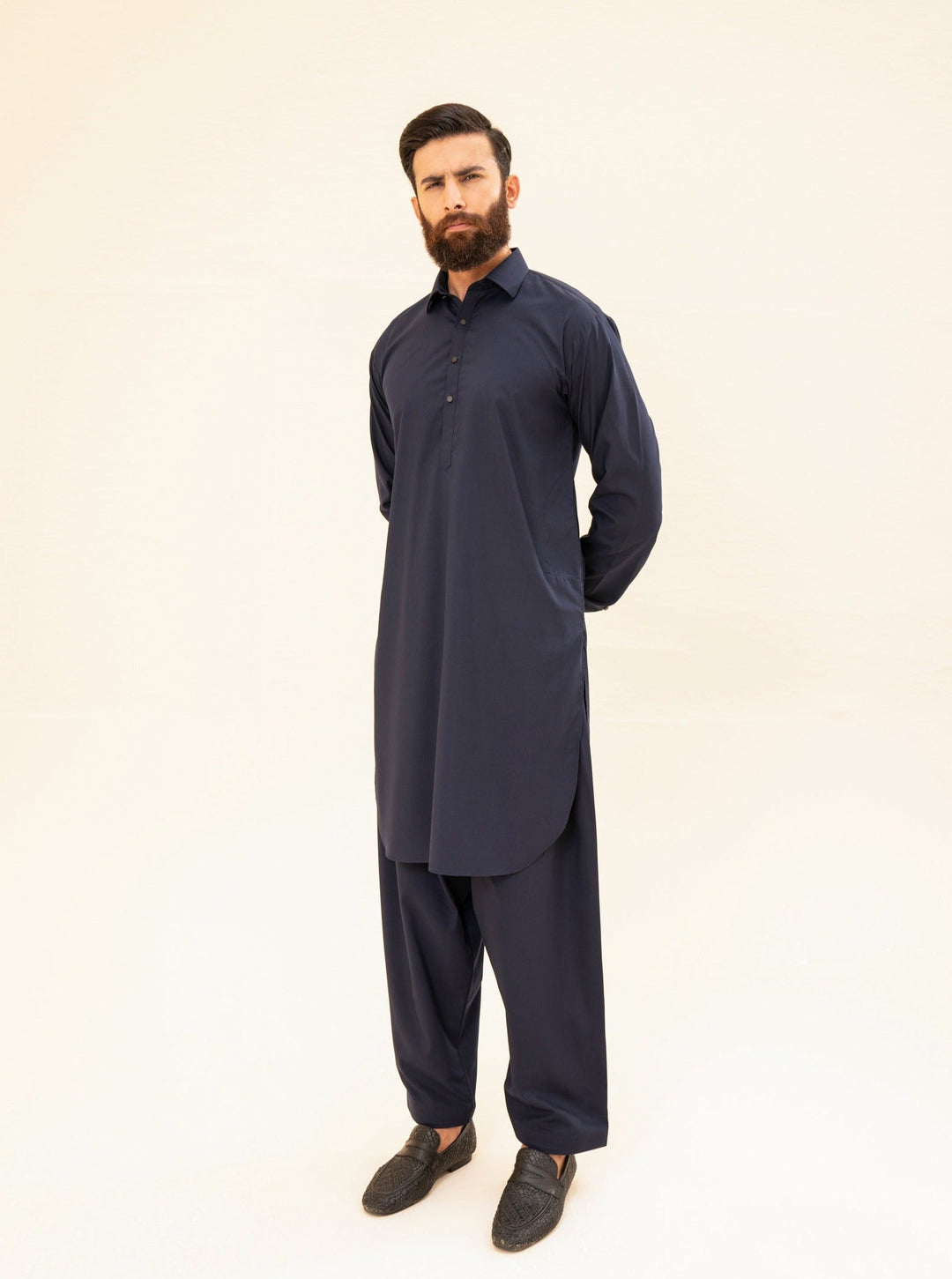 Muraqsh Ready To Wear Solids Cotton Men Navy Blue French Collar Kameez Shalwar MUR-NBFCK - Summer Collection