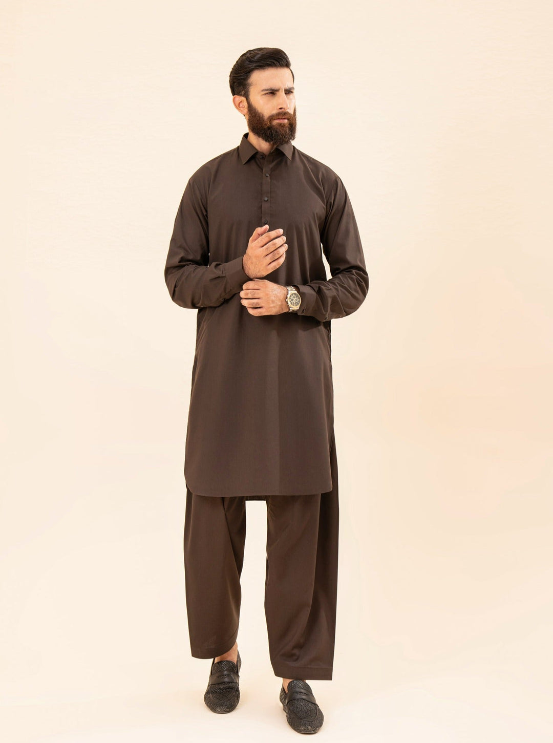 Muraqsh Ready To Wear Solids Cotton Men Dark Brown French Collar Kameez Shalwar MUR-DBFCK - Summer Collection
