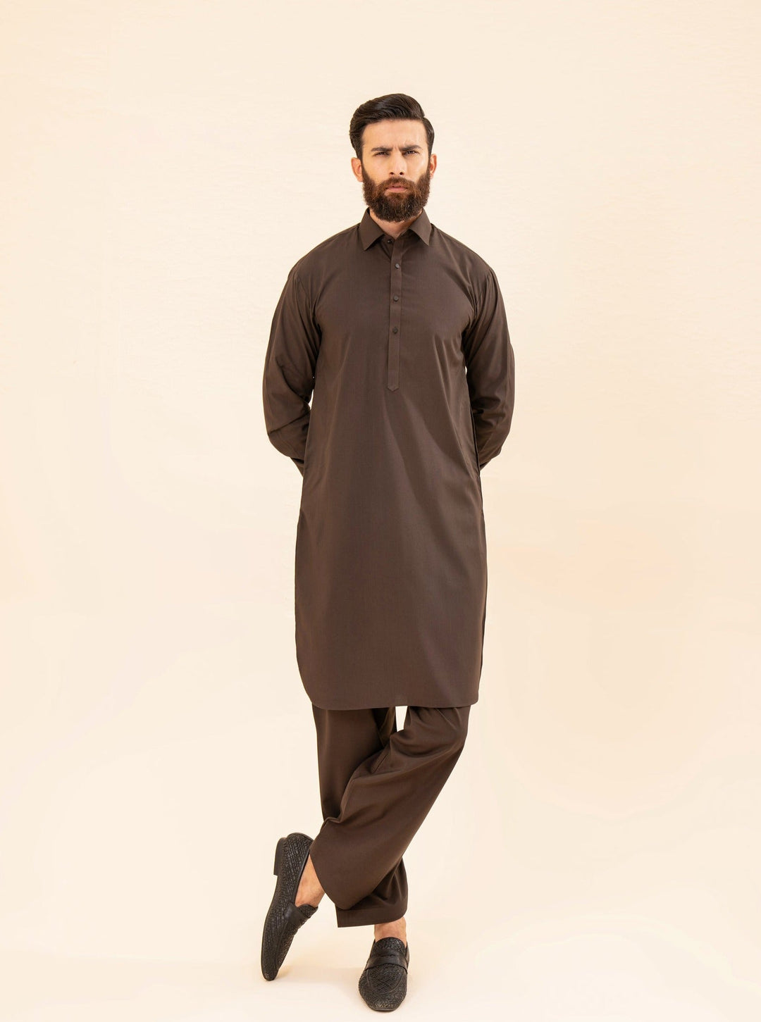 Muraqsh Ready To Wear Solids Cotton Men Dark Brown French Collar Kameez Shalwar MUR-DBFCK - Summer Collection