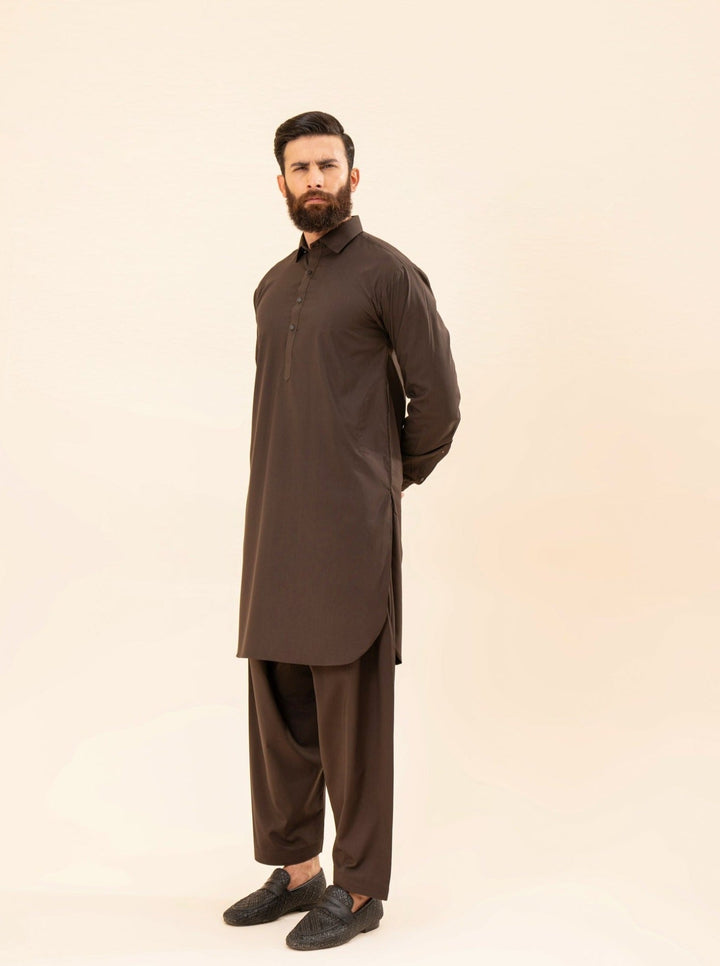 Muraqsh Ready To Wear Solids Cotton Men Dark Brown French Collar Kameez Shalwar MUR-DBFCK - Summer Collection