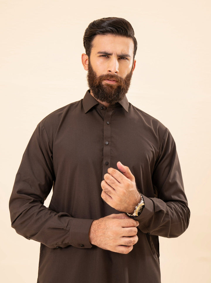 Muraqsh Ready To Wear Solids Cotton Men Dark Brown French Collar Kameez Shalwar MUR-DBFCK - Summer Collection