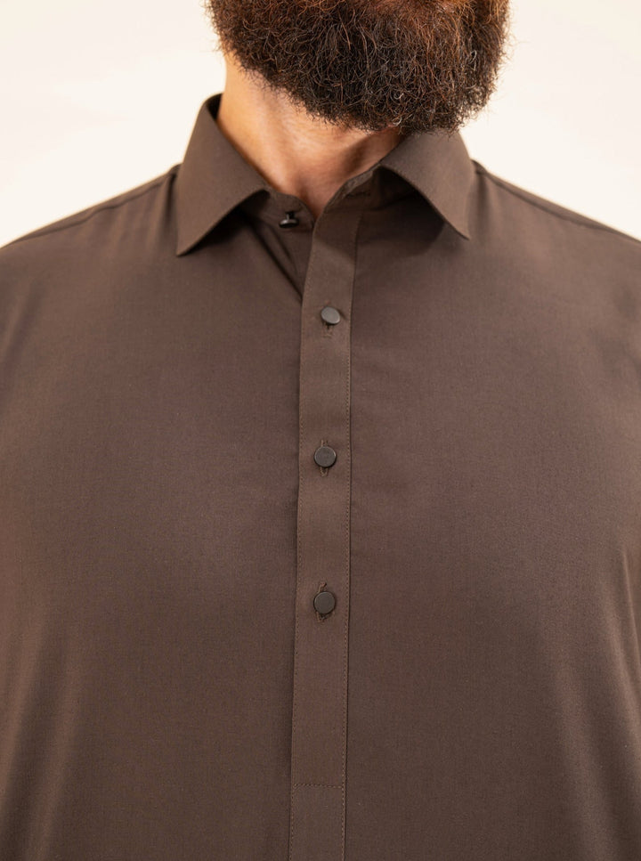 Muraqsh Ready To Wear Solids Cotton Men Dark Brown French Collar Kameez Shalwar MUR-DBFCK - Summer Collection