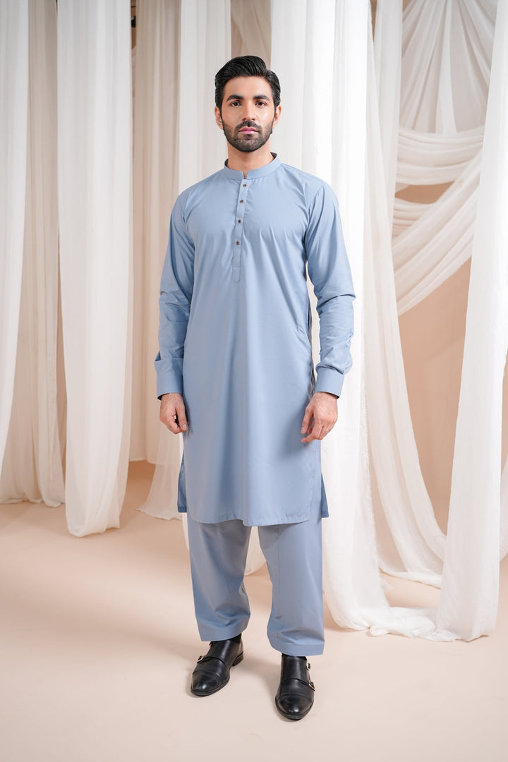 Muraqsh Ready To Wear Solids Cotton Men Sapphire Blue Luxury Blended Kurta Shalwar MURBLBK - Summer Collection