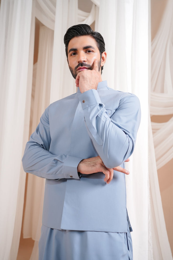 Muraqsh Ready To Wear Solids Cotton Men Sapphire Blue Luxury Formal Kameez Shalwar with Blended Waistcoat Straight Cut MURBLFK - Summer Collection