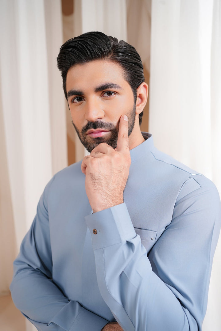 Muraqsh Ready To Wear Solids Cotton Men Sapphire Blue Luxury Formal Kameez Shalwar with Blended Waistcoat Straight Cut MURBLFK - Summer Collection