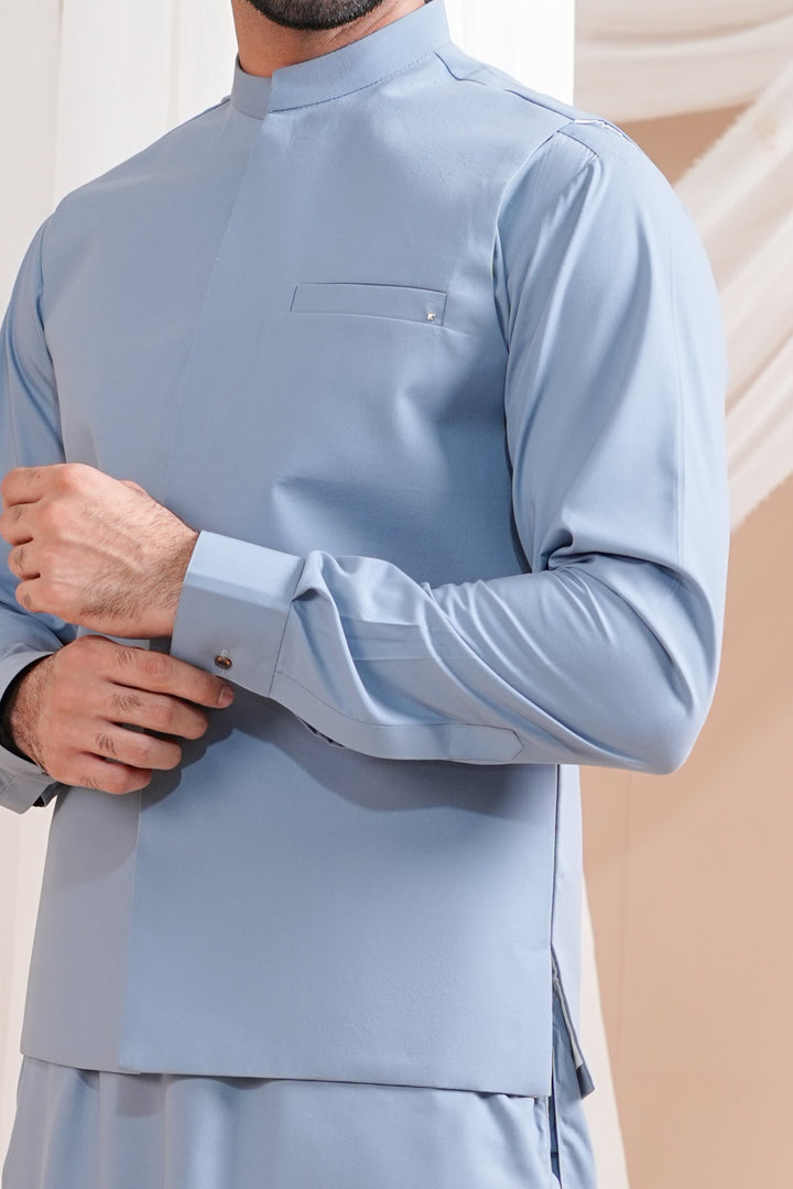 Muraqsh Ready To Wear Solids Cotton Men Sapphire Blue Luxury Formal Kameez Shalwar with Blended Waistcoat Straight Cut MURBLFK - Summer Collection