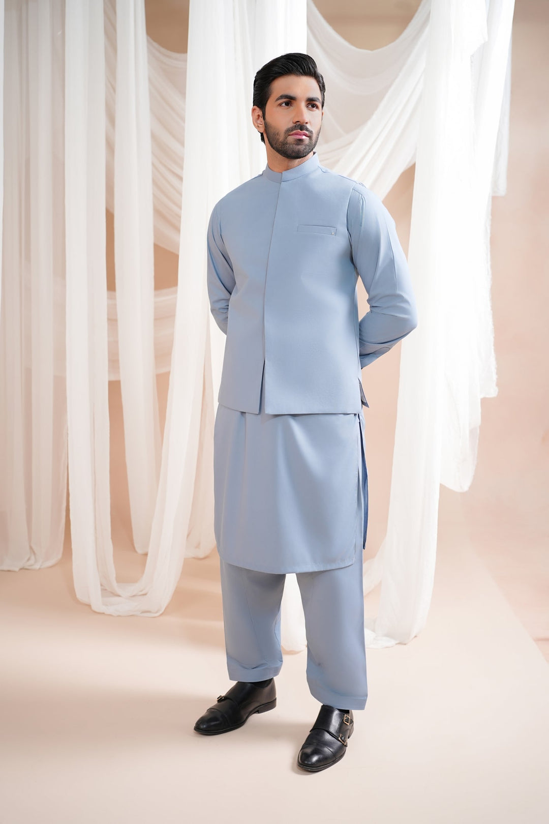Muraqsh Ready To Wear Solids Cotton Men Sapphire Blue Luxury Formal Kameez Shalwar with Blended Waistcoat Straight Cut MURBLFK - Summer Collection