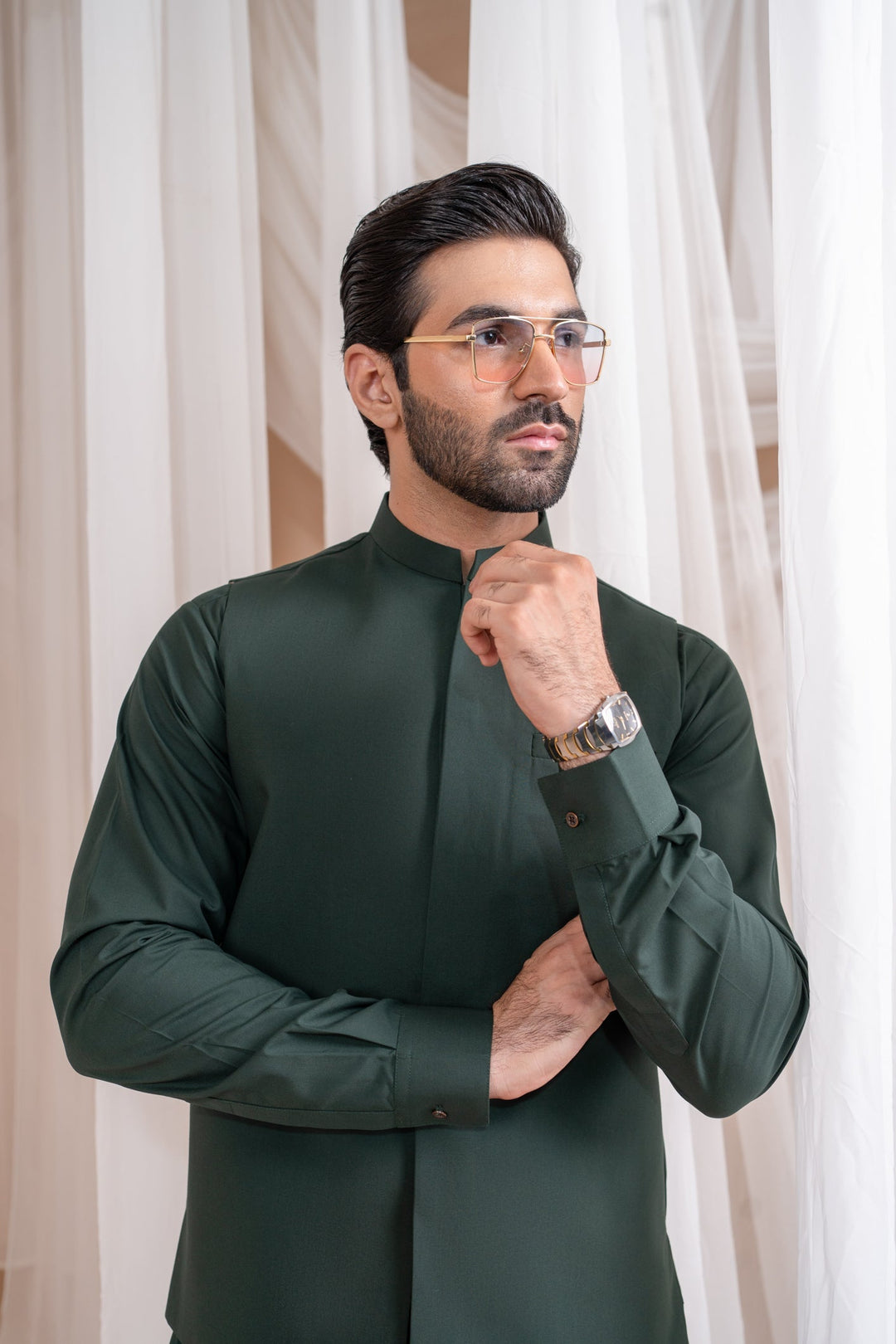 Muraqsh Ready To Wear Solids Cotton Men Bottle Green Luxury Blended Waistcoat Straigth Cut MUR-BGLBW - Summer Collection