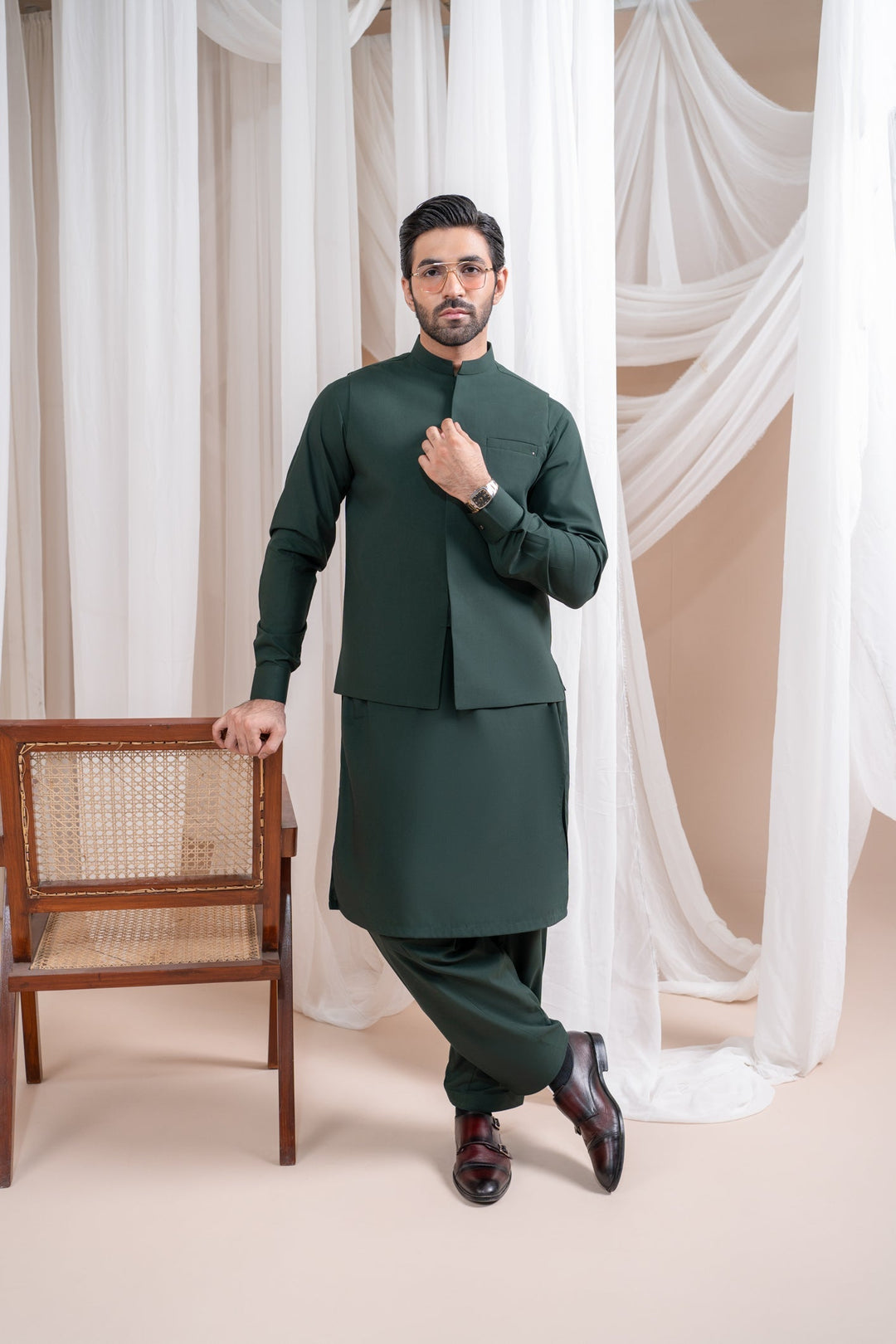 Muraqsh Ready To Wear Solids Cotton Men Bottle Green Luxury Formal Kameez Shalwar with Blended Waistcoat Straight Cut MUR-BGLFK - Summer Collection