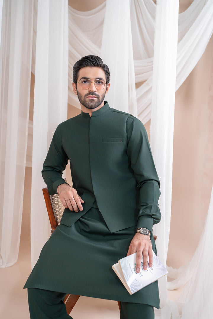 Muraqsh Ready To Wear Solids Cotton Men Bottle Green Luxury Formal Kameez Shalwar with Blended Waistcoat Straight Cut MUR-BGLFK - Summer Collection