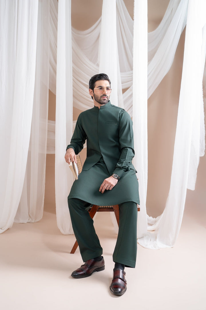 Muraqsh Ready To Wear Solids Cotton Men Bottle Green Luxury Formal Kameez Shalwar with Blended Waistcoat Straight Cut MUR-BGLFK - Summer Collection