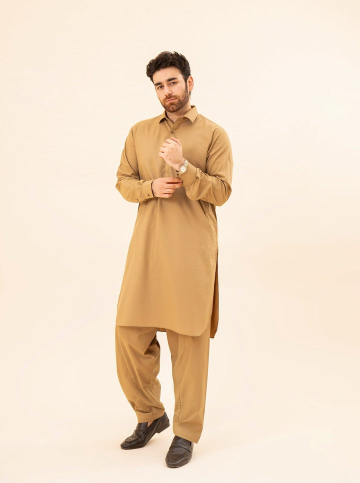 Muraqsh Ready To Wear Solids Cotton Men Camel French Collar Kameez Shalwar MUR-CFCKS - Summer Collection