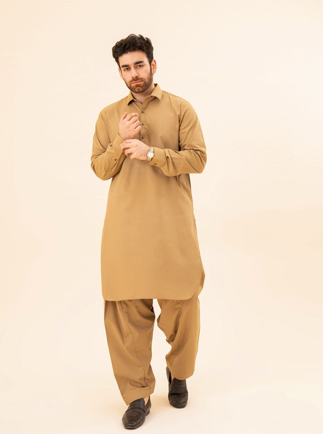 Muraqsh Ready To Wear Solids Cotton Men Camel French Collar Kameez Shalwar MUR-CFCKS - Summer Collection
