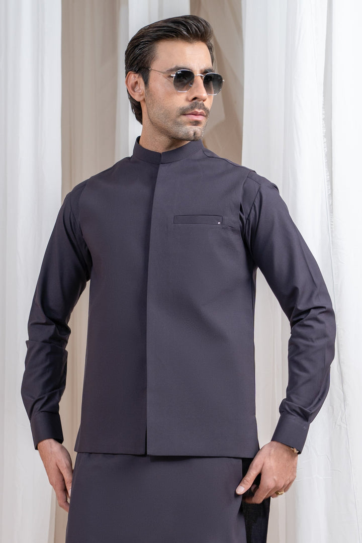 Muraqsh Ready To Wear Solids Cotton Men Burgundy Luxury Formal Kameez Shalwar with Blended Waistcoat Straight Cut MUR-BLFKS - Summer Collection